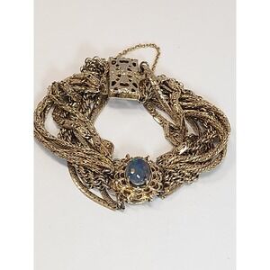 Vintage Multi Strand Gold Tone Black Opal Cabochon Statement Bracelet Clasp